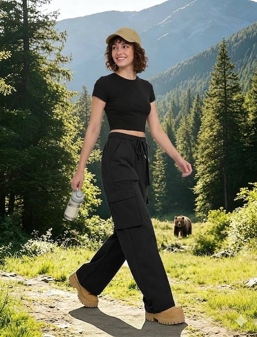 A woman hiking in a mountain forest wearing a black short-sleeve crop top, black cargo pants, and tan boots, holding a water bottle. A brown bear is visible in the background.