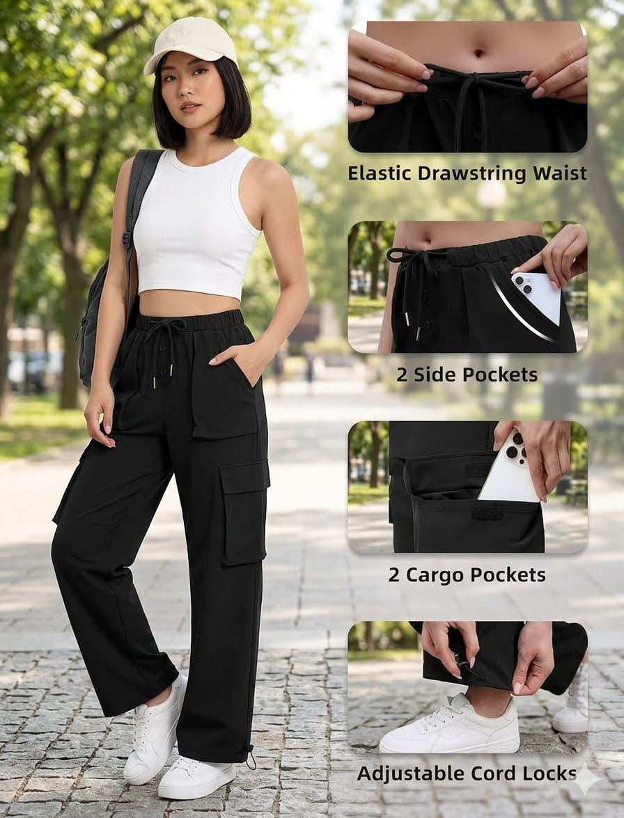 A woman wearing black wide-leg cargo pants with a drawstring waist, shown outdoors on a paved path with inset close-up feature panels highlighting elastic drawstring waist, side pockets, cargo pockets, and adjustable cord locks.