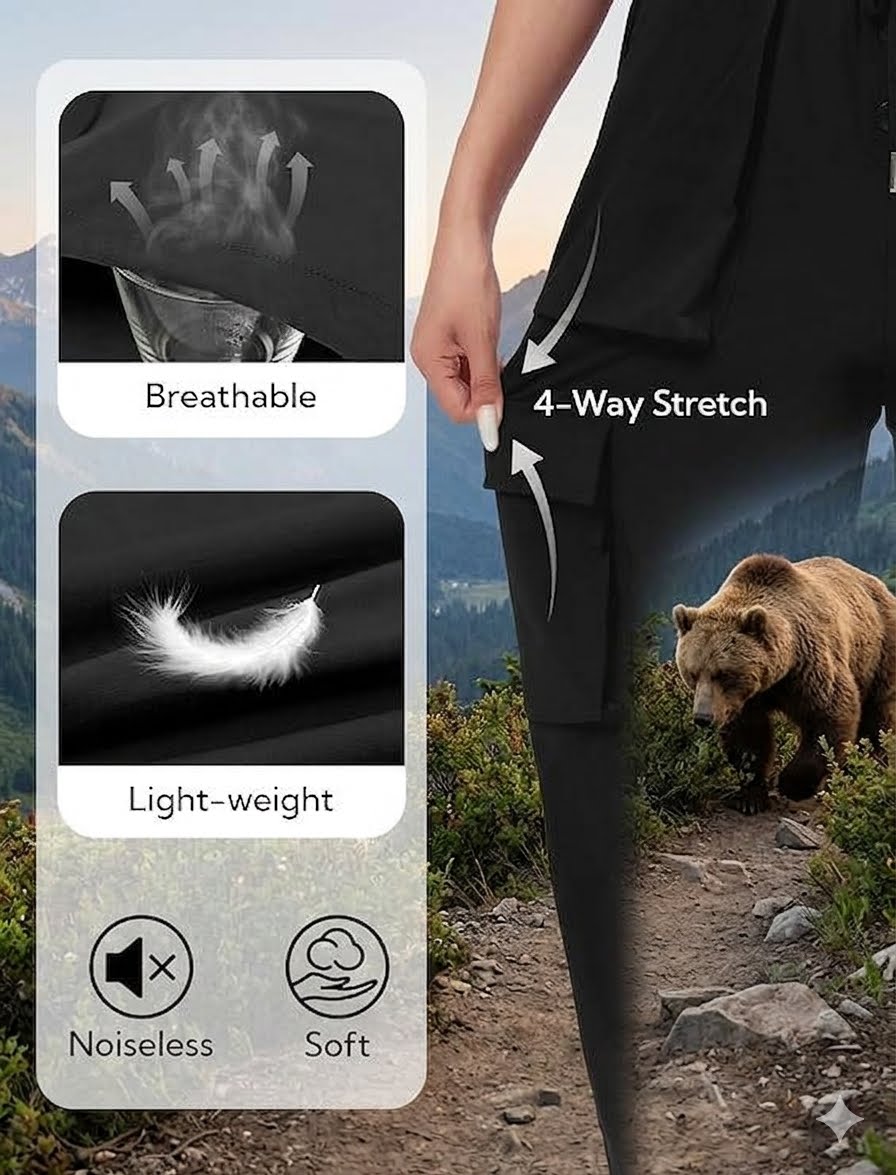 A person wearing black insulated pants on a mountain trail, with a bear in the background. Overlaid feature callouts include 'Breathable', 'Light-weight', 'Noiseless', 'Soft', and '4-Way Stretch' with inset close-up panels showing fabric texture and stretch.