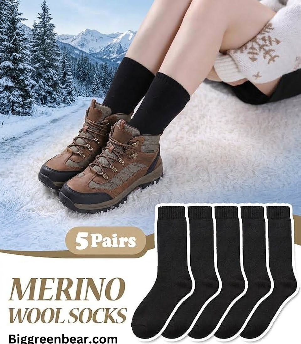 A promotional image for a 5-pack of Merino wool socks. The top half shows a person's legs wearing black crew-length socks and brown hiking boots in a snowy outdoor setting.