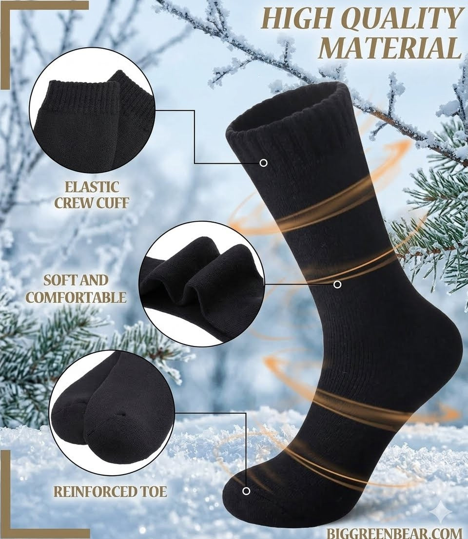 Black knit socks shown on a snowy winter background with three circular detail callouts labeled elastic crew cuff, soft and comfortable, and reinforced toe. Text reads high quality material and BIGGREENBEAR.