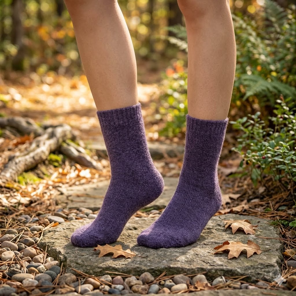 A person wearing heathered purple crew socks standing on a stone path outdoors in a wooded setting with fallen leaves and greenery.