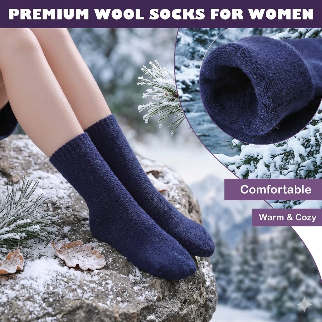 A pair of women's premium wool socks in dark navy blue, shown worn on feet resting on a snowy rock outdoors. The image includes a circular inset showing a close-up of the soft fuzzy sock lining and text overlays reading 'PREMIUM WOOL SOCKS FOR WOMEN', 'Comfortable', and 'Warm & Cozy'.