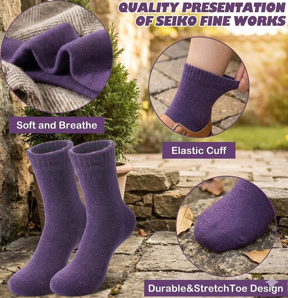 Purple Seiko Fine Works crew socks shown with feature callout circles and text overlays highlighting softness, breathable fabric, elastic cuff, and stretch toe design.