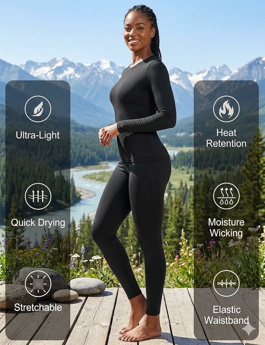A woman wearing a black long-sleeve athletic top and matching leggings stands barefoot on a wooden deck with mountains and a river in the background. Text overlays on both sides highlight product features: Ultra-Light, Heat Retention, Quick Drying, Moisture Wicking, Stretchable, and Elastic Waistband.