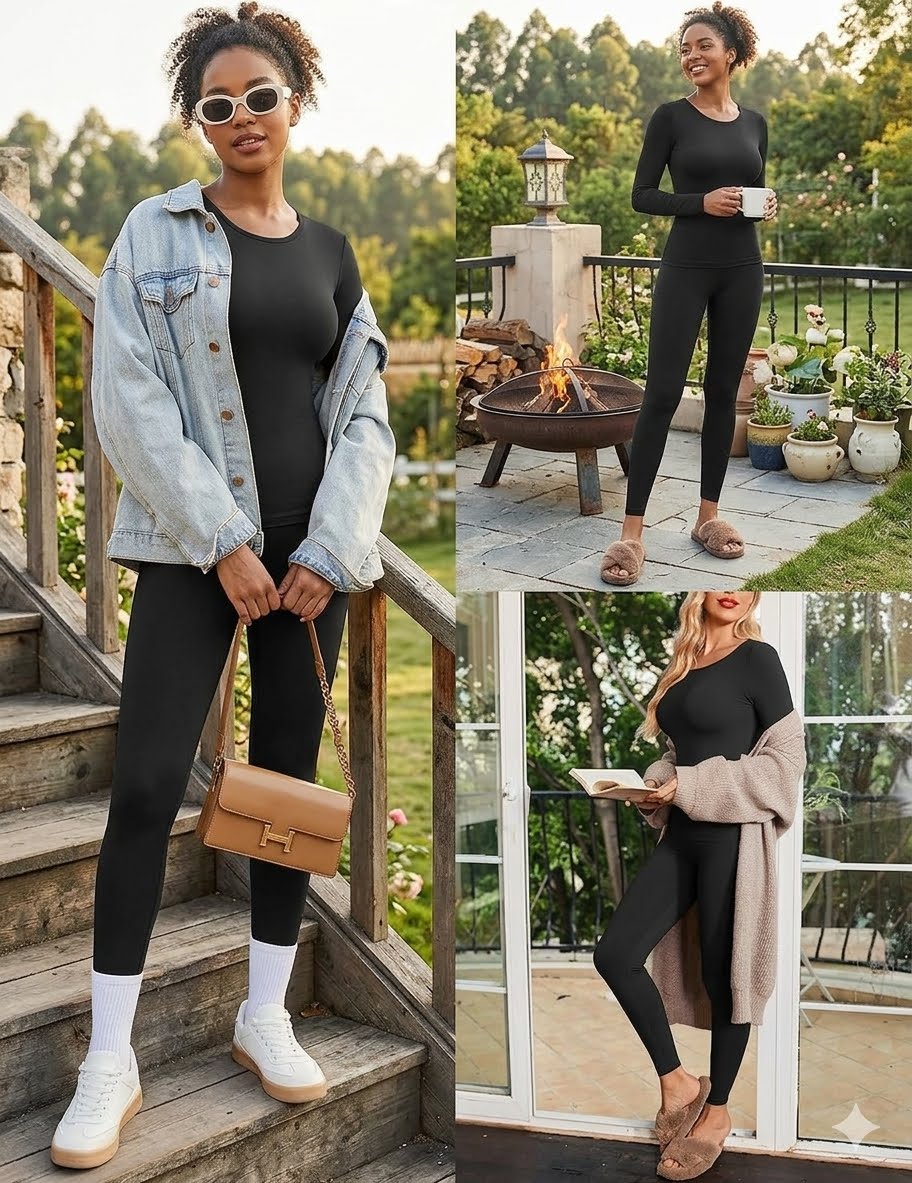 Three outdoor lifestyle photos of a woman modeling a black long-sleeve fitted leggings set, styled with different outer layers and accessories on wooden stairs and a patio.