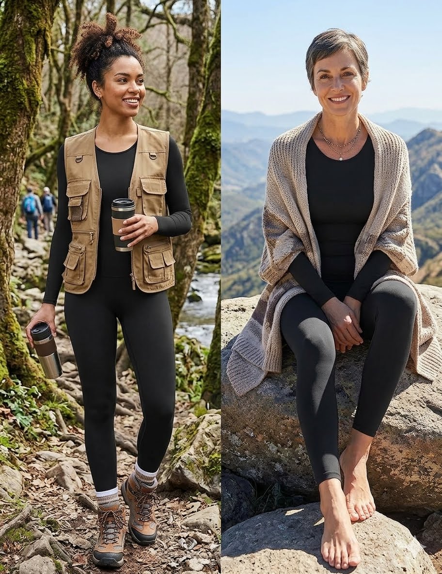 A side-by-side comparison showing a woman hiking in a forest on the left and sitting barefoot on a mountain rock on the right, wearing a black leggings outfit with a tan utility vest and a beige knit shawl.