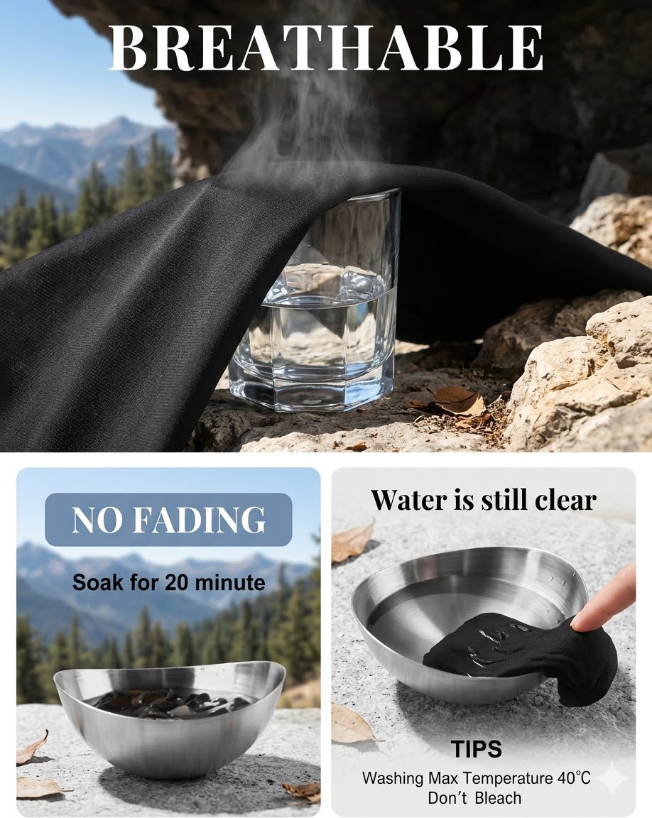 A promotional collage for a black breathable fabric bowl liner. The top panel shows the black fabric draped over a glass of water outdoors with mountains in the background and the word 'BREATHABLE' at the top.