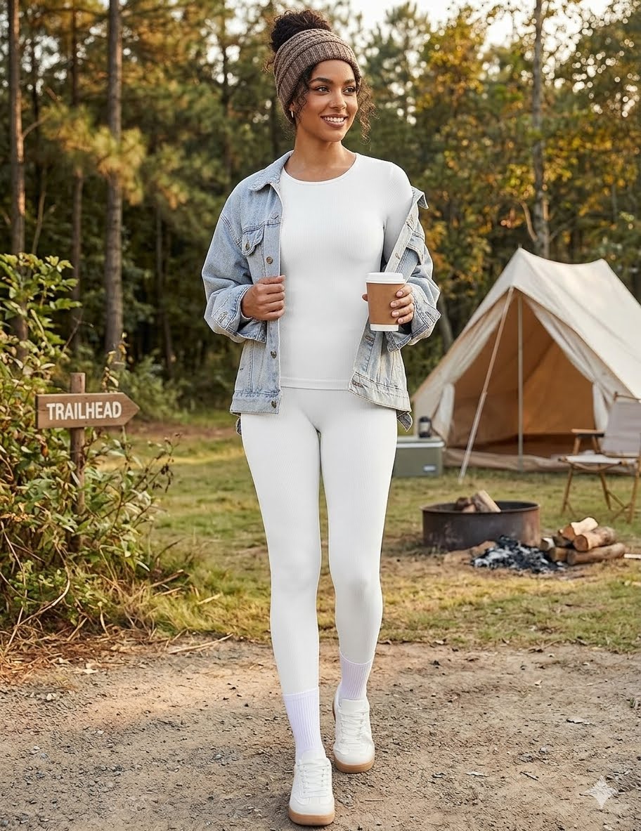 A woman stands outdoors at a campsite wearing a white bodysuit, white leggings, white socks, and white sneakers, with an open light-wash denim jacket draped off her shoulders and a brown knit beanie on her head. A tent, trees, and a fire pit are visible in the background.