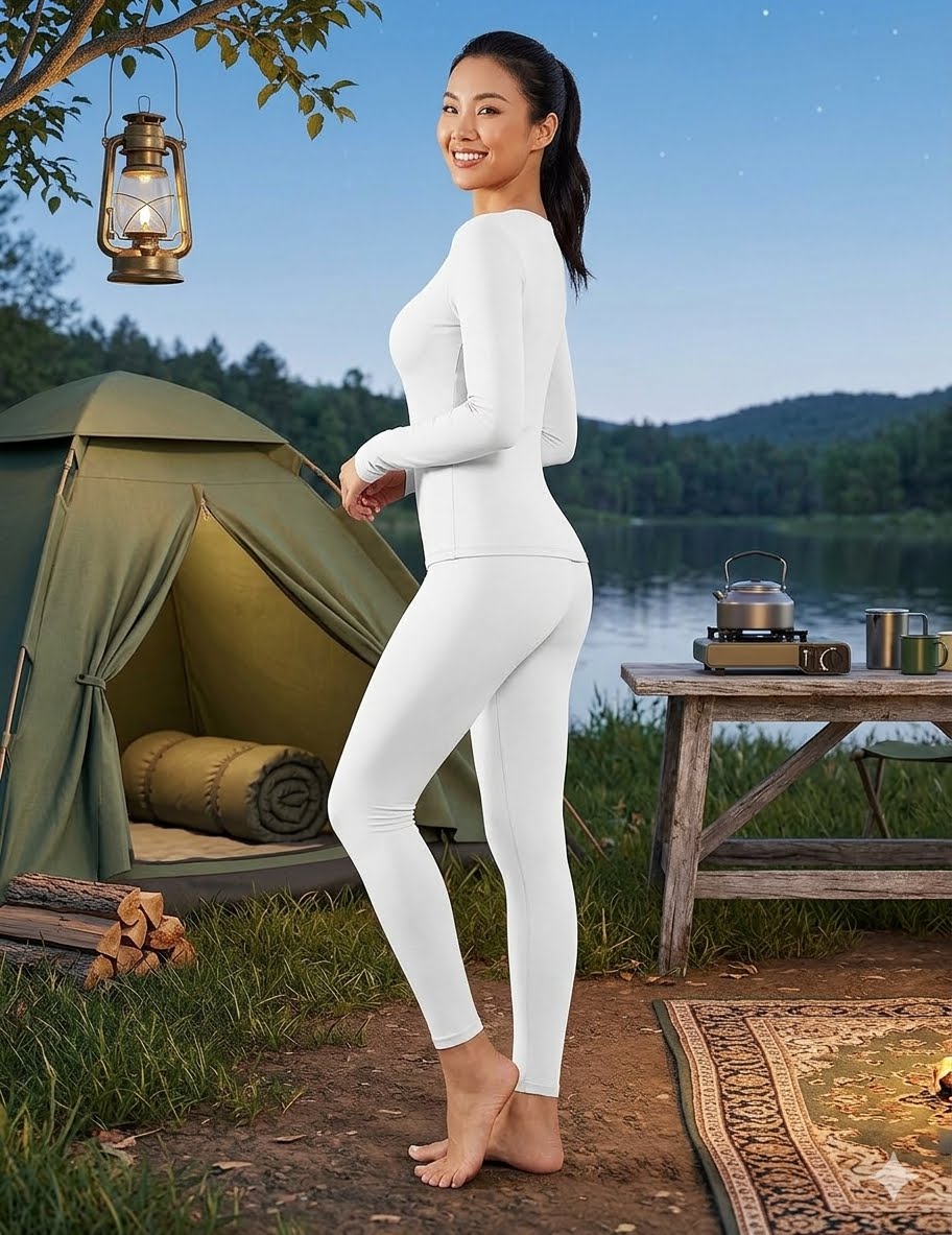 A woman stands barefoot outdoors near a tent, lake, and picnic table, wearing a fitted white long-sleeve top and matching white leggings.
