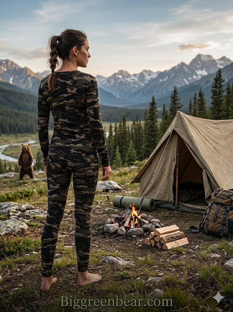 A woman stands barefoot outdoors in front of a mountain landscape, wearing a fitted long-sleeve camouflage top and matching camouflage leggings. A canvas camping tent, fire pit with logs, rocks, and a backpack are visible beside her, with a bear standing in the mountains in the background.
