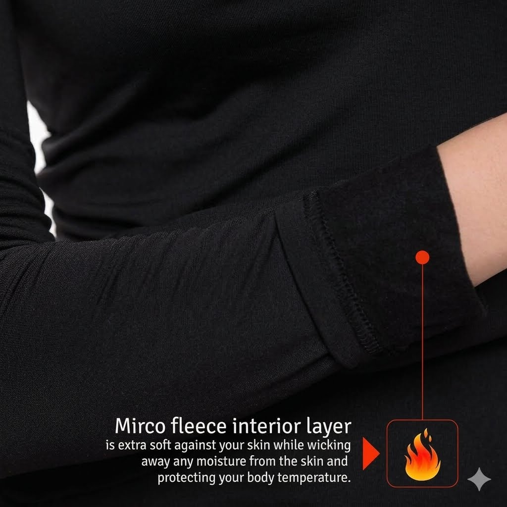 Close-up of a person wearing a black long-sleeve top, showing the cuff and inner fleece layer with overlaid marketing text and a flame icon explaining moisture-wicking and warmth.