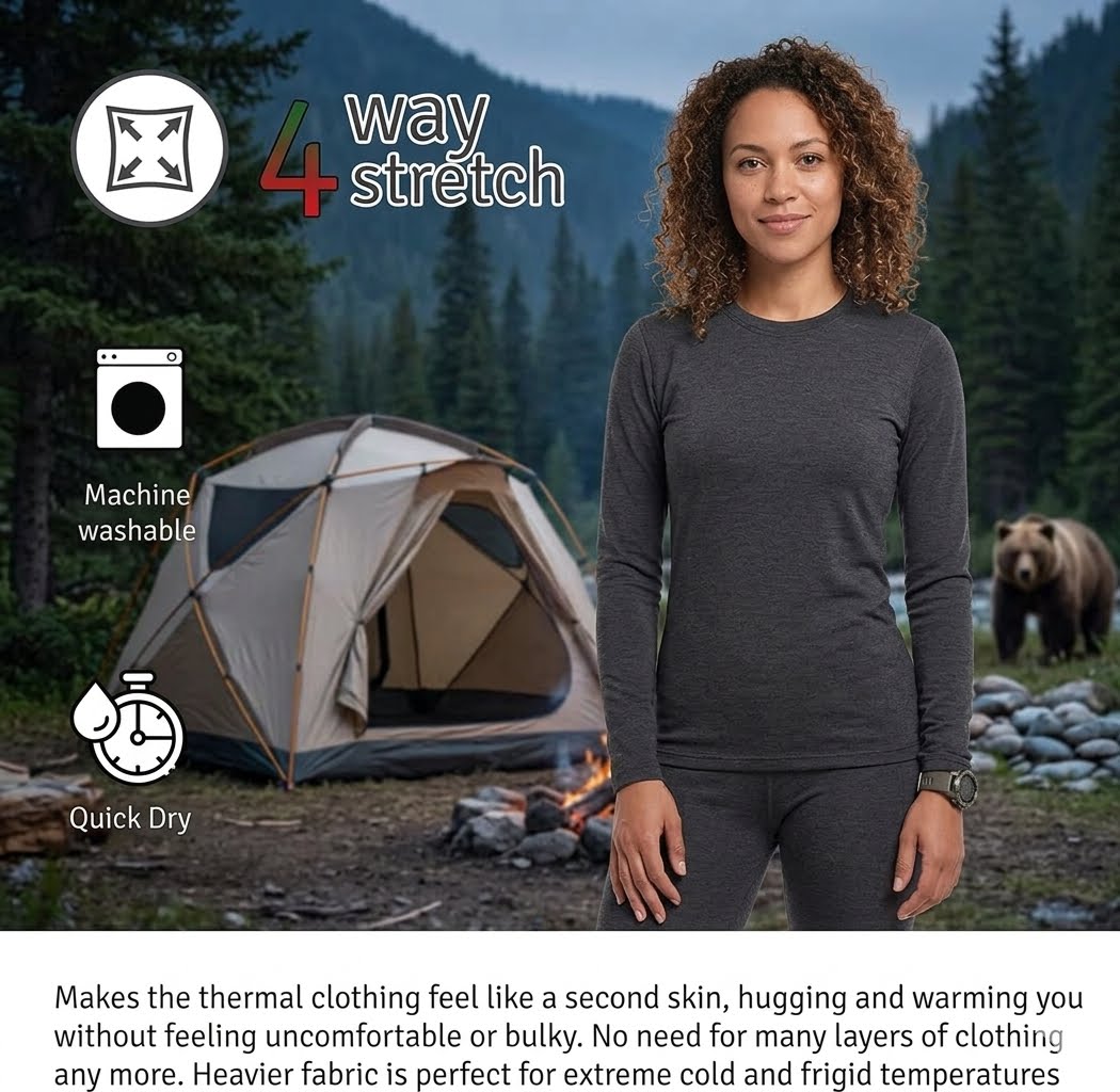 A woman stands outdoors in front of a camping tent and forest backdrop, wearing a dark charcoal gray long-sleeve top and matching leggings. The image includes marketing text and icons for 4-way stretch, machine washable, quick dry, and a descriptive benefit about thermal comfort.