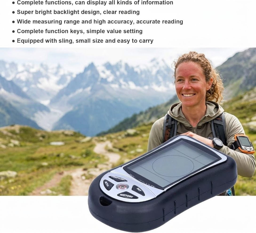 A handheld GPS device with a black and silver casing is shown in the foreground, with a woman wearing a similar device in a mountain landscape behind her. Bullet points of product features are listed at the top.