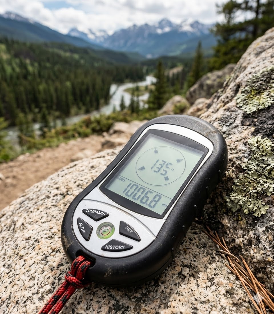 A black and silver digital compass with a red lanyard rests on a large rock, with a mountain river valley landscape blurred in the background.