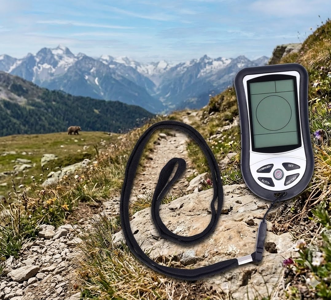 8 IN 1 Altimeter, Digital Compass, Hiking Thermometer, Barometer, Weather, Timer with Backlight for Mountaineering Outside -2300 to 29500FT 1100MBAR, 300mbar to 1100mbar, English Manual, Lanyard