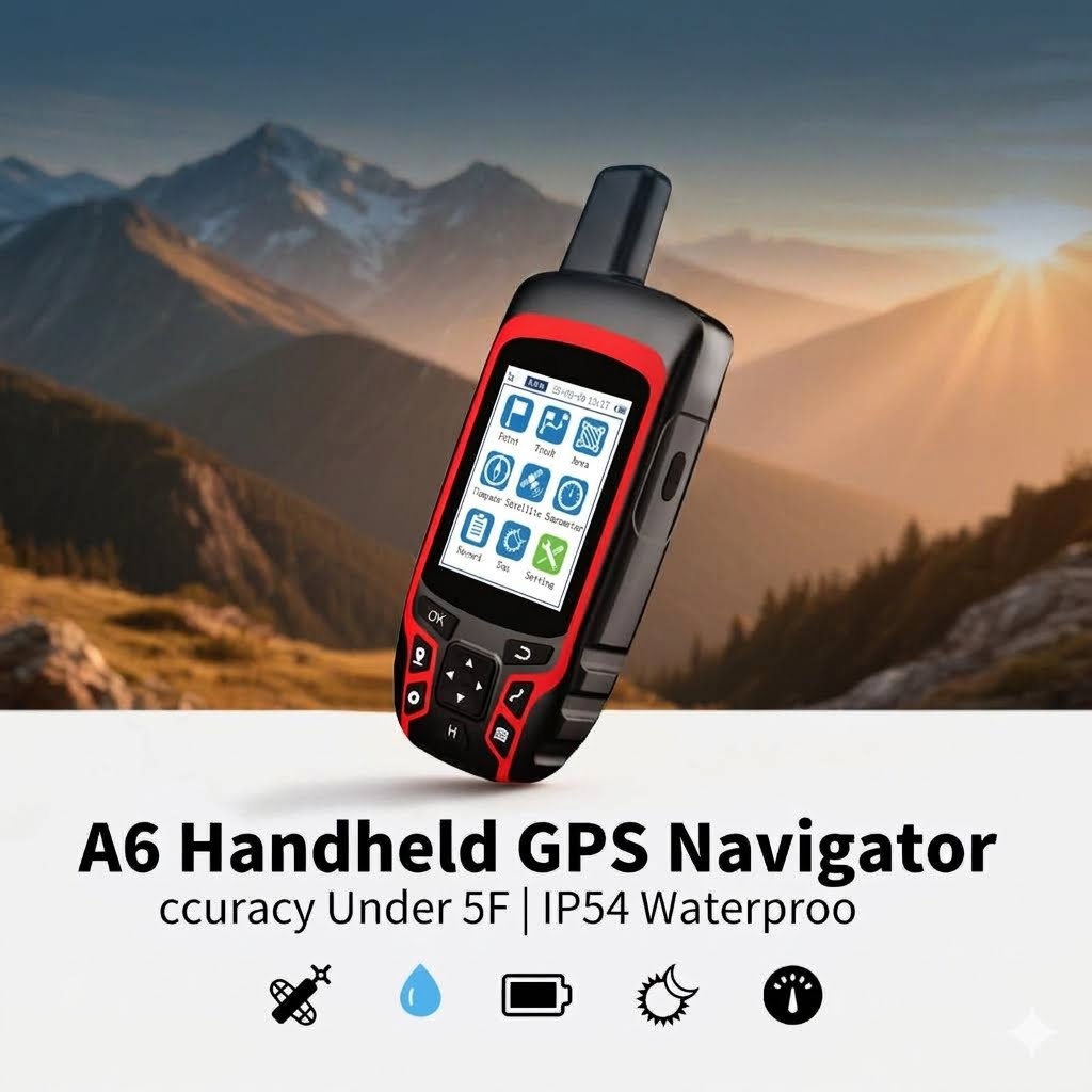 A handheld GPS navigator device with a black body and red trim, shown floating over a mountain landscape background. Text below reads 'A6 Handheld GPS Navigator' with feature icons for accuracy, waterproofing, battery, and other specs.
