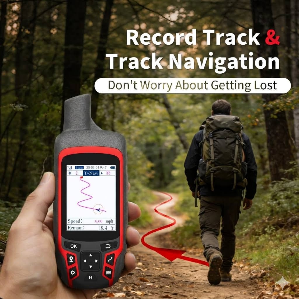 A handheld GPS tracker device with a black and red body is shown in a person's hand, with a forest trail and a backpacker in the background. Large text reads 'Record Track & Track Navigation' and 'Don't Worry About Getting Lost,' with a red line illustrating the tracked path.