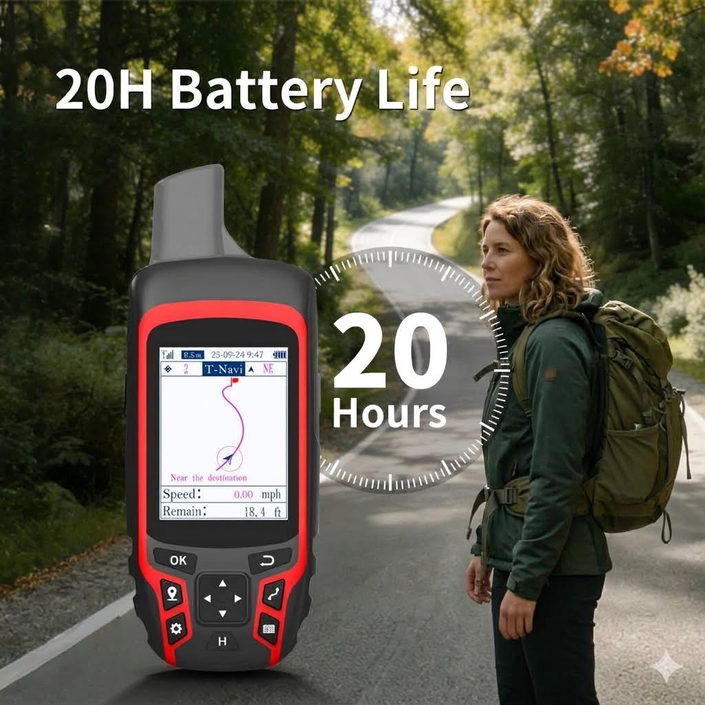 A handheld GPS tracker device with a red and black casing is shown prominently in the foreground, with a woman hiking on a forest road in the background. Large text reads '20H Battery Life' and '20 Hours', emphasizing battery performance.