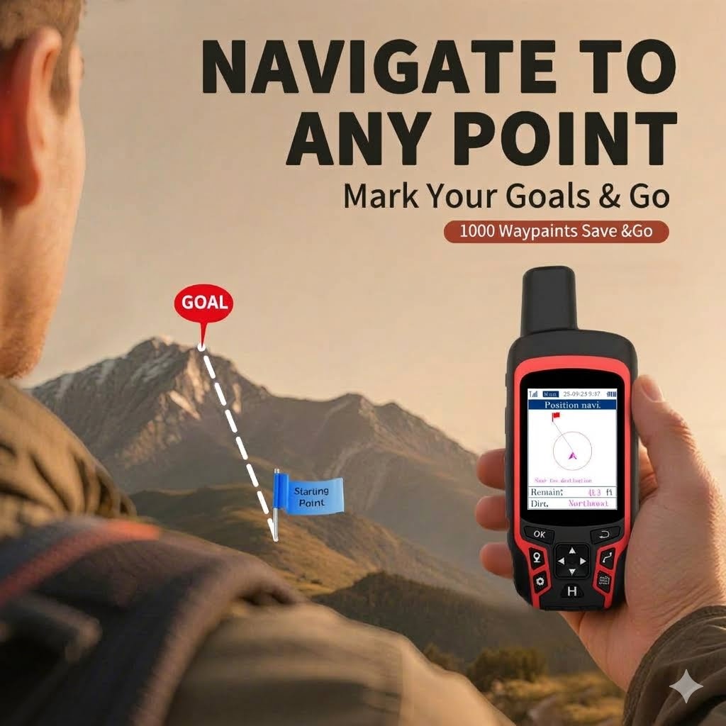 Person holding a GPS device with mountains in the background and text about navigation.