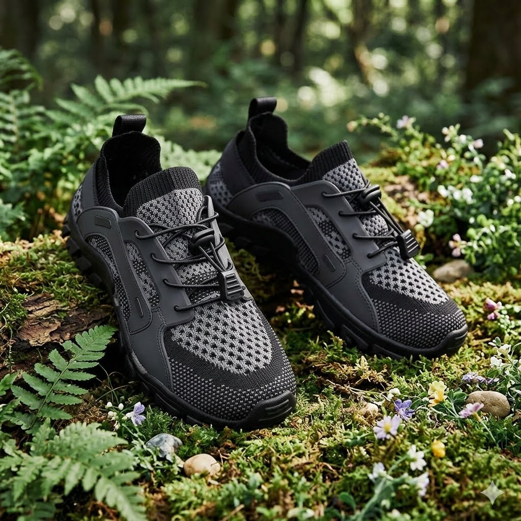 A pair of black and gray athletic sneakers with breathable mesh panels and hook-and-loop laces, displayed on a mossy log in a lush green forest setting. big green bear