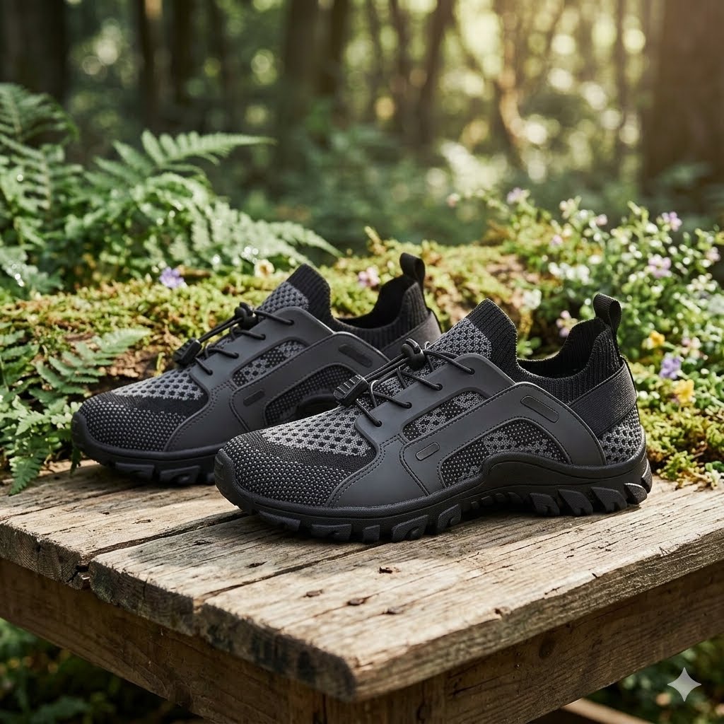 A pair of dark gray and black athletic trail shoes resting on a rustic wooden table in a lush, sun-dappled forest setting.