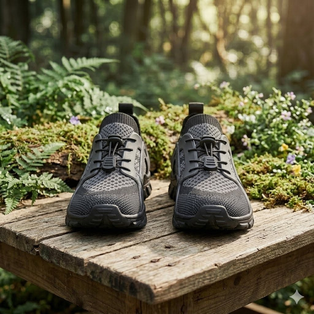 A pair of black athletic sneakers with textured mesh uppers and black laces, displayed on a rustic wooden table in a lush green forest setting.