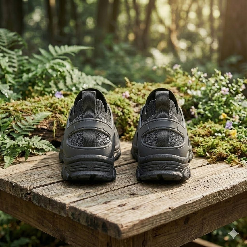 A pair of dark gray athletic sneakers shown from the back, resting on a rustic wooden table in a lush, sunlit forest setting with green ferns and moss.