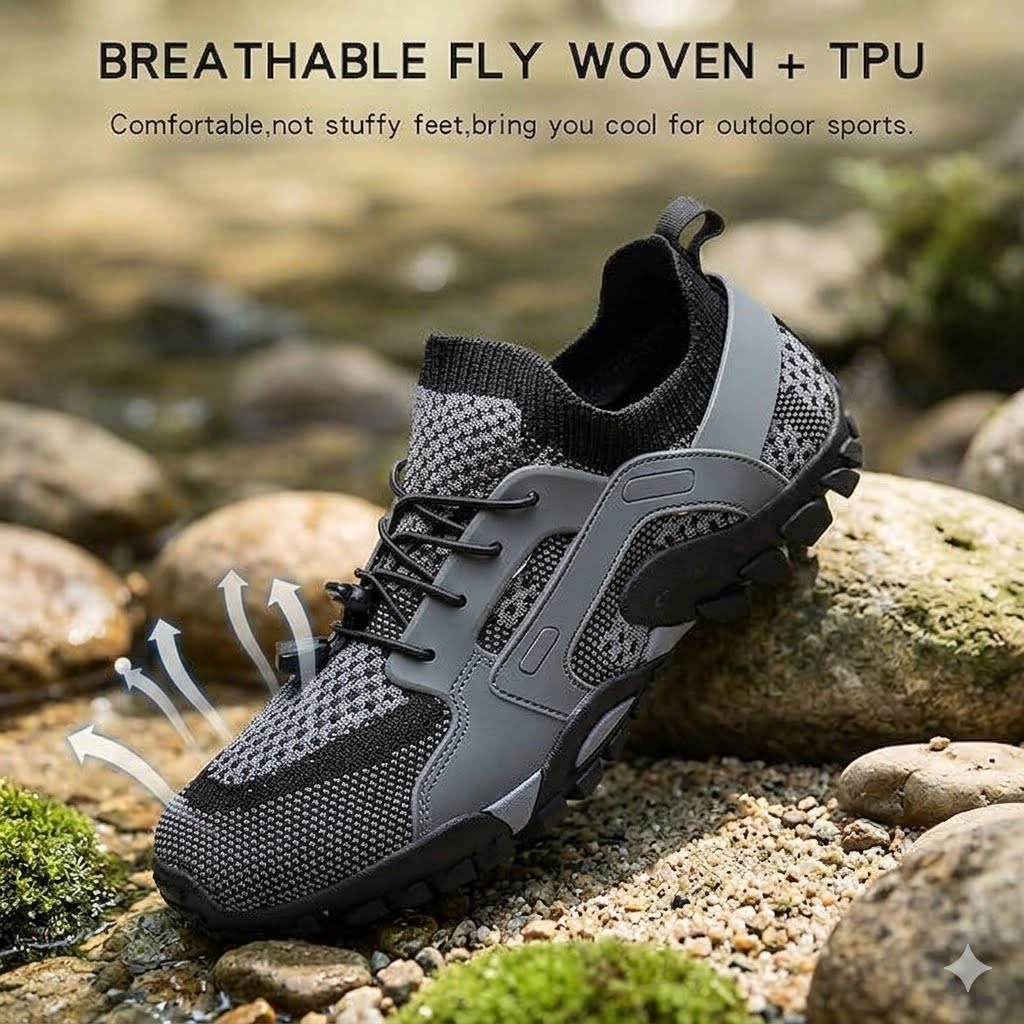A gray and black athletic fly shoe resting on rocks near a stream, with marketing text at the top reading 'BREATHABLE FLY WOVEN + TPU' and arrows indicating airflow.