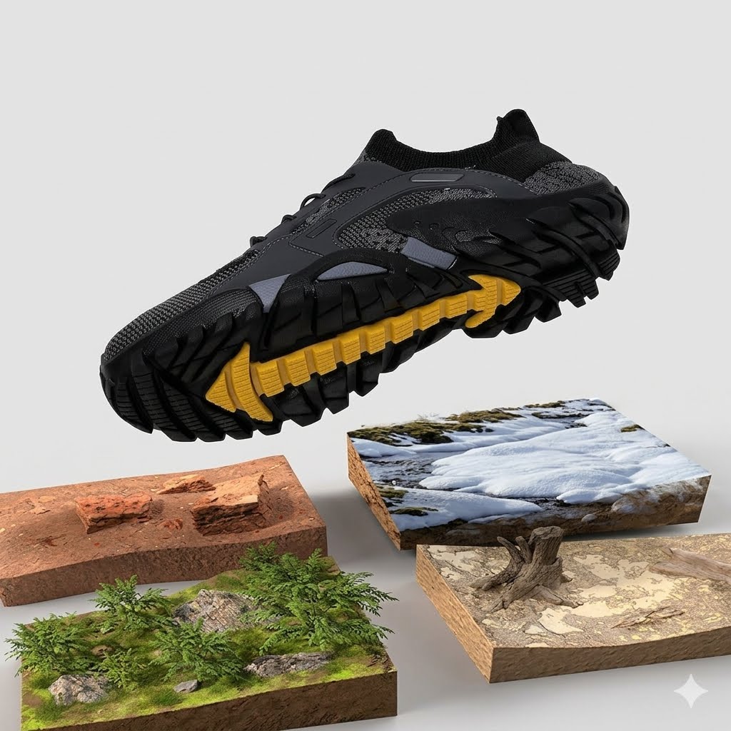 A black and gray athletic sneaker with a prominent yellow accent on the midsole, shown floating above four small terrain tiles representing different outdoor environments.