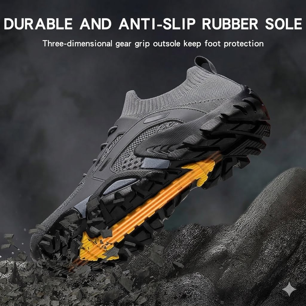 A dark gray and black athletic shoe shown at an angle with a dramatic rocky background and glowing orange graphic lines highlighting the sole's grip strength. White text at the top reads 'DURABLE AND ANTI-SLIP RUBBER SOLE' with a subtitle about three-dimensional gear grip outsole foot protection.