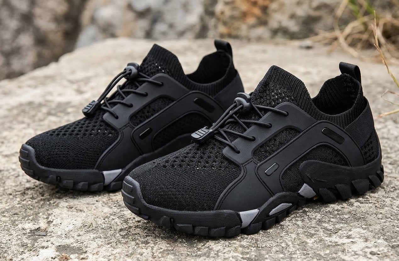 A pair of black athletic sneakers with a knit mesh upper and chunky black soles, resting on a textured gray stone surface with a blurred natural rocky background. big green bear