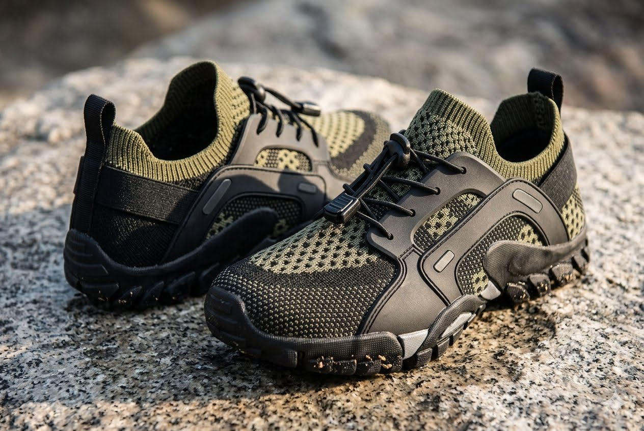 A pair of rugged low-top sneakers in black and olive green mesh and synthetic materials, photographed on a textured stone surface outdoors. big green bear