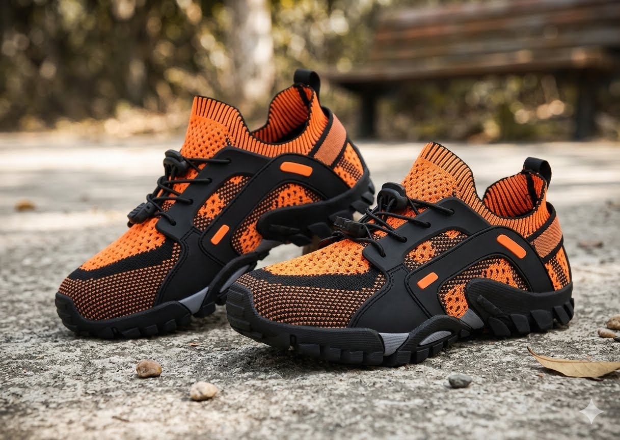 A pair of athletic sneakers in vibrant orange and black, positioned on a concrete surface with a blurred outdoor park background. big green bear