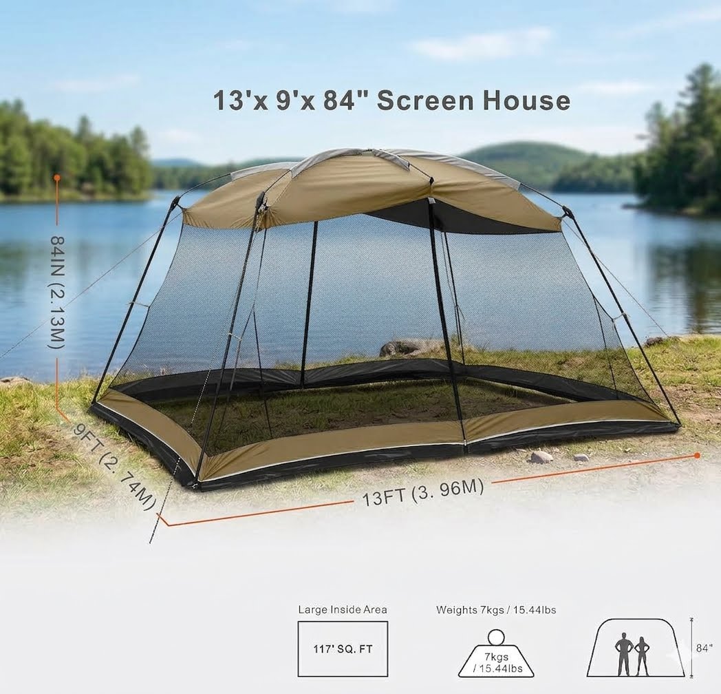 A large outdoor screen house tent shown over a lake with trees in the background, with measurement annotations reading 13' x 9' x 84" screen house and dimensions for height, width, and depth. The tent is tan and black with mesh sides, and there is additional text at the bottom about large inside area and weights.