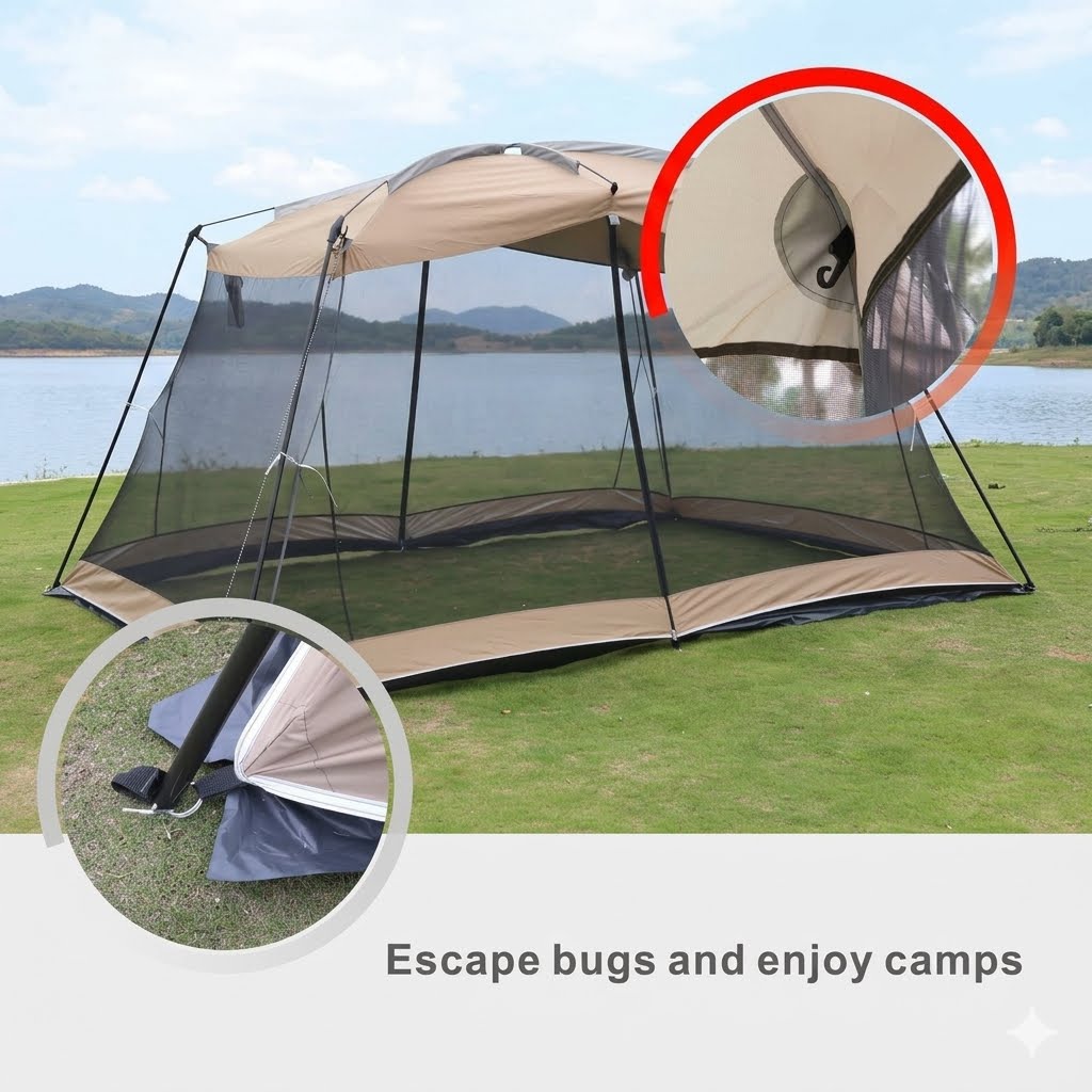A large beige and black mesh camping shelter tent pitched on a grassy lawn with water and hills in the background. Two circular inset close-ups show detail views of the tent, and text at the bottom reads 'Escape bugs and enjoy camps'.