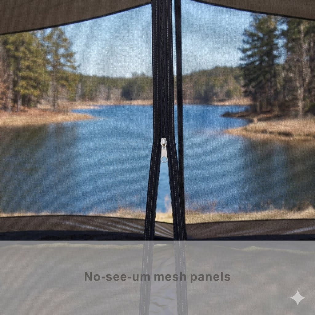A close-up of a tent window with a black mesh panel and zipper, showing a blurred outdoor lake and forest scene behind it. Text at the bottom reads 'No-see-um mesh panels'.
