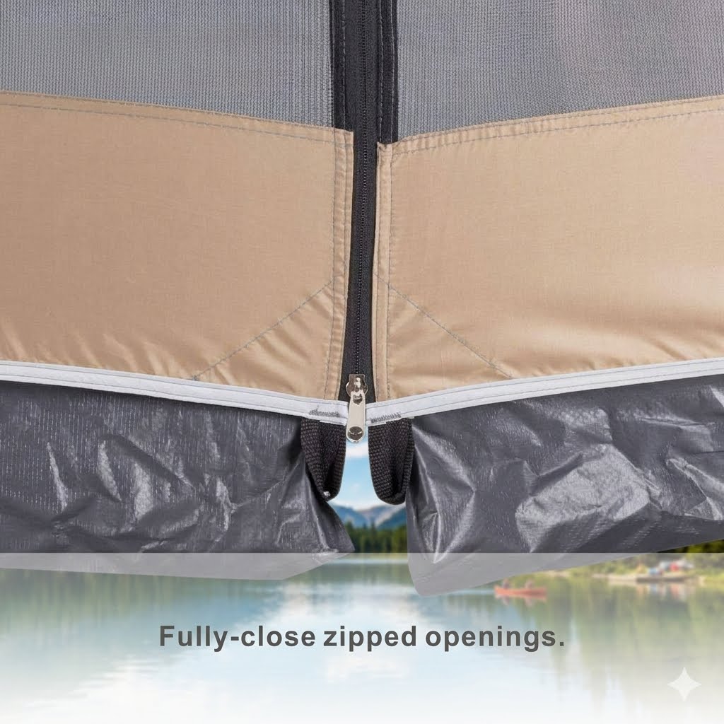 Close-up of a tent or outdoor shelter showing a beige upper panel, dark gray mesh side panel, and dark gray waterproof lower section with a black zipper. Text at the bottom reads 'Fully-close zipped openings.
