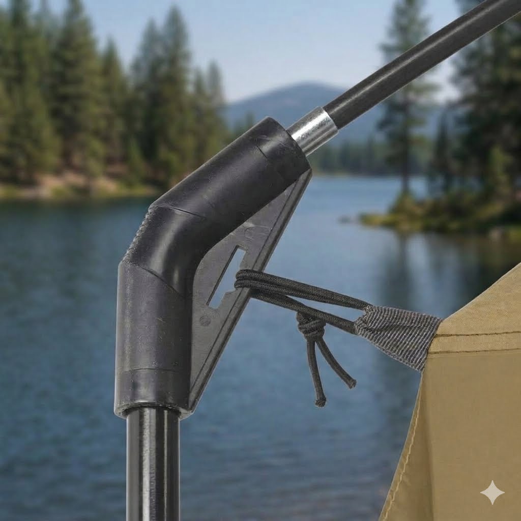 Close-up of a black adjustable pole mount with a cord tie-off, attached to a tan tent or canopy, with a blurred lake and pine forest background.