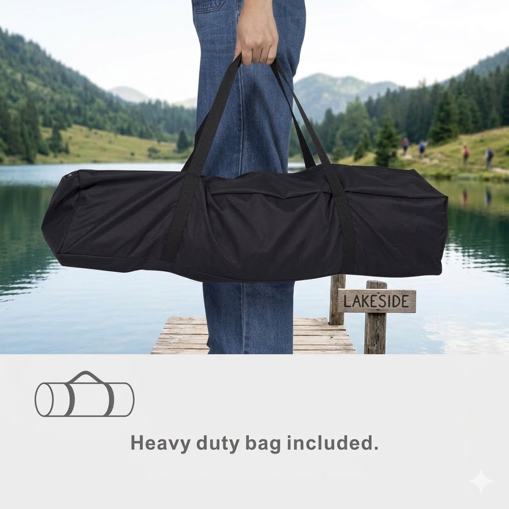 A person in blue jeans holds a large black cylindrical carrying bag with shoulder straps over a lakeside wooden dock, with mountains and trees in the background. Text at the bottom reads 'Heavy duty bag included.