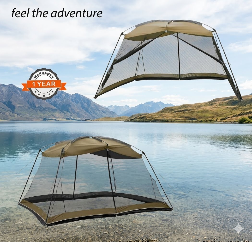 Two tan and black mesh outdoor camping shelters shown over a lake with mountains in the background, with the text 'feel the adventure' and a '1 YEAR WARRANTY' badge.