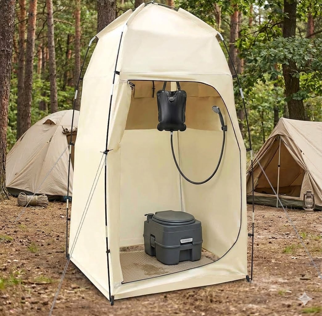 A beige outdoor shower tent with a built-in black portable toilet and hanging shower head, set up in a forest clearing with other camping tents in the background.