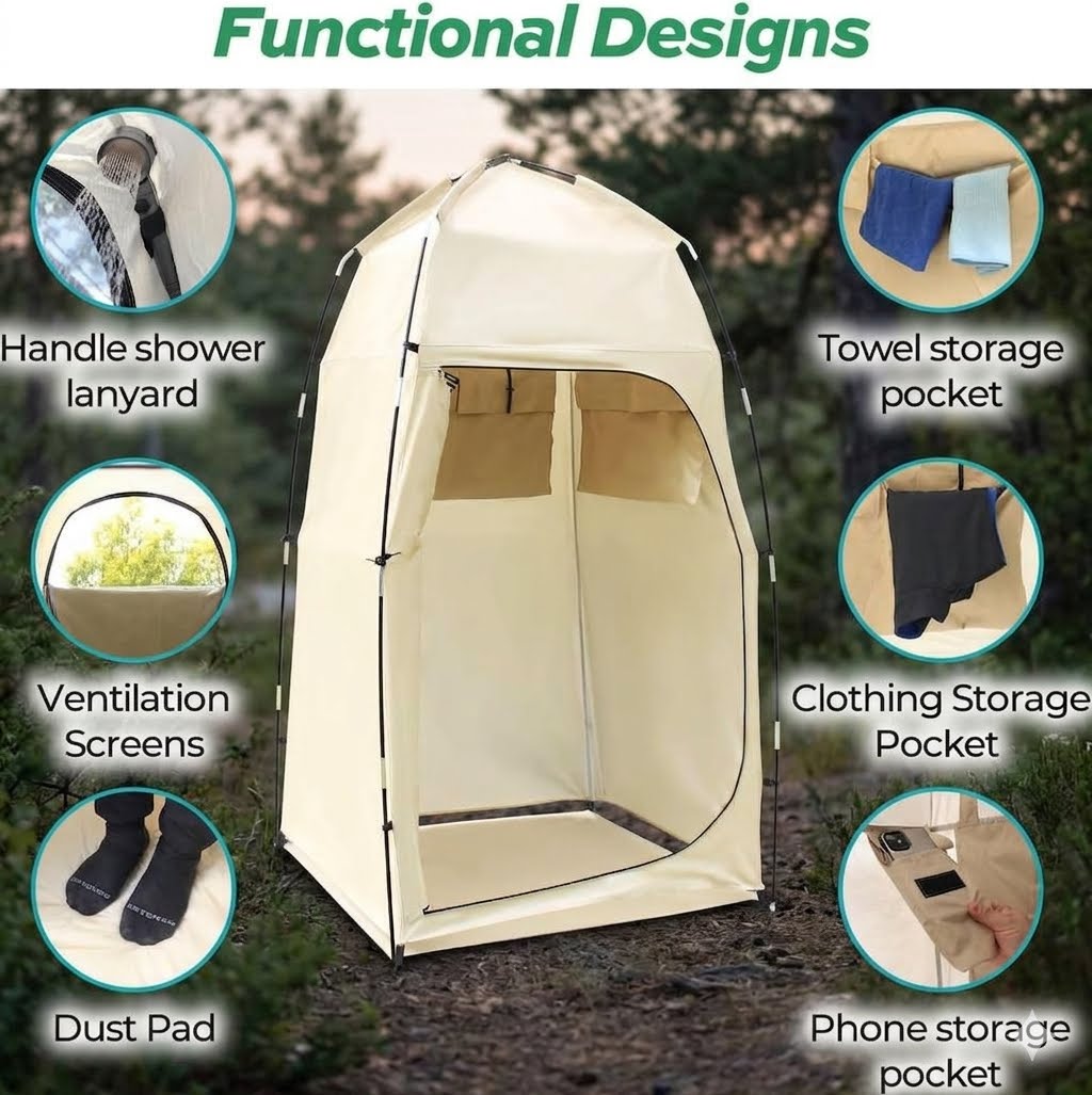 A beige pop-up shower tent shown outdoors with a forest background, surrounded by circular callout graphics labeled for features such as handle shower lanyard, towel storage pocket, ventilation screens, clothing storage pocket, dust pad, and phone storage pocket.