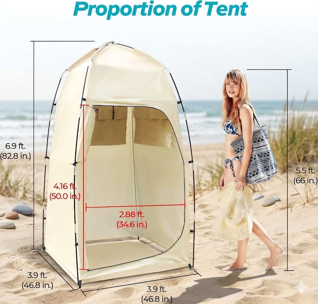 A beige pop-up beach tent on a sandy beach with ocean and grass in the background, overlaid with height and width measurements in red text and lines. A woman in a bikini and skirt stands beside the tent holding a woven bag.