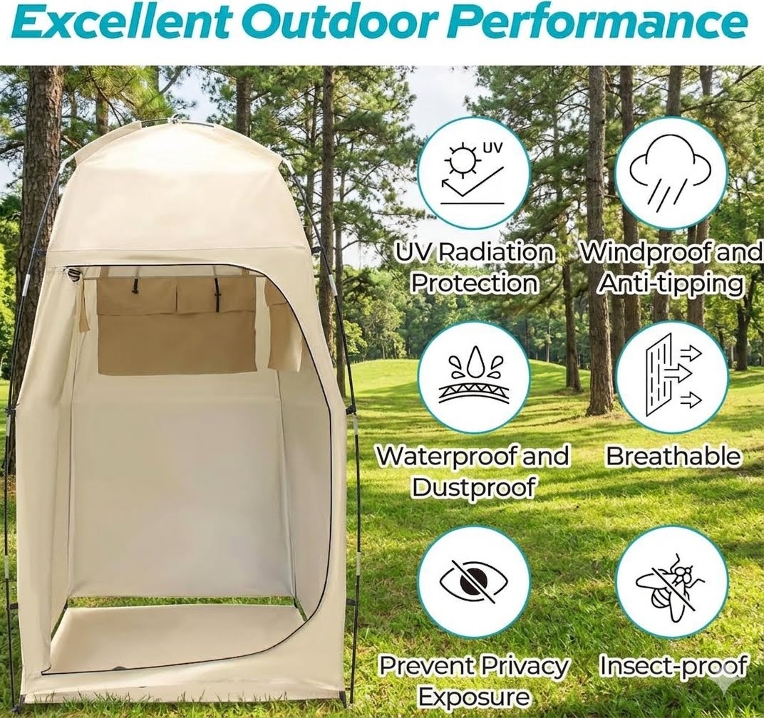 Outdoor privacy tent in a grassy forest setting with feature icons and text highlighting UV protection, windproofing, waterproofing, breathability, privacy, and insect protection.