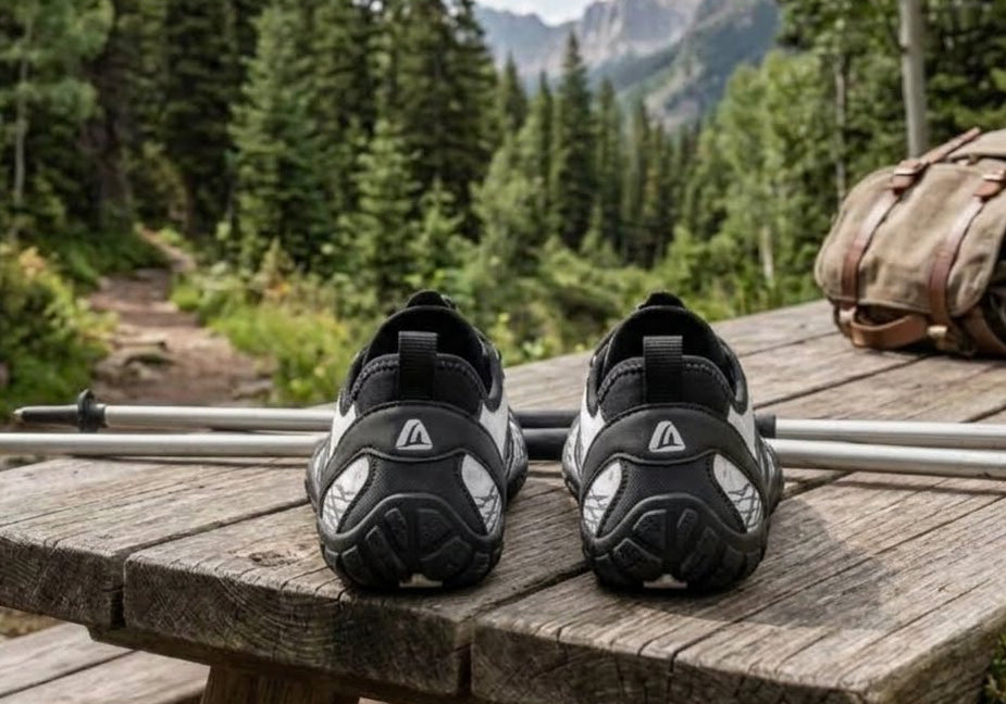 A pair of black and white trail running shoes sits on a rustic wooden picnic table outdoors, with hiking poles, a brown backpack, and a glass of water in a mountain forest setting.