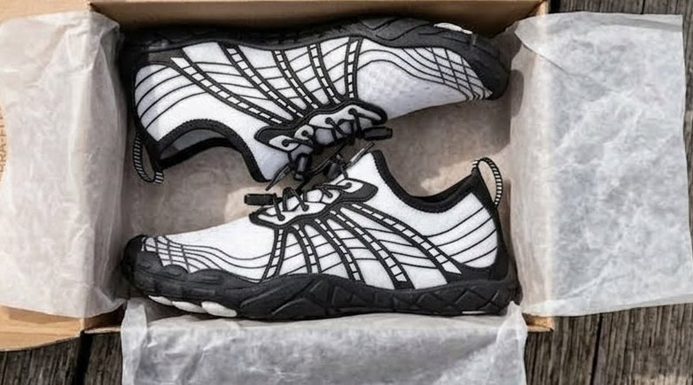 A pair of white and black TerraFlex hiking shoes nestled inside an open cardboard box lined with tissue paper, placed on a weathered wooden deck with hiking poles visible in the background.