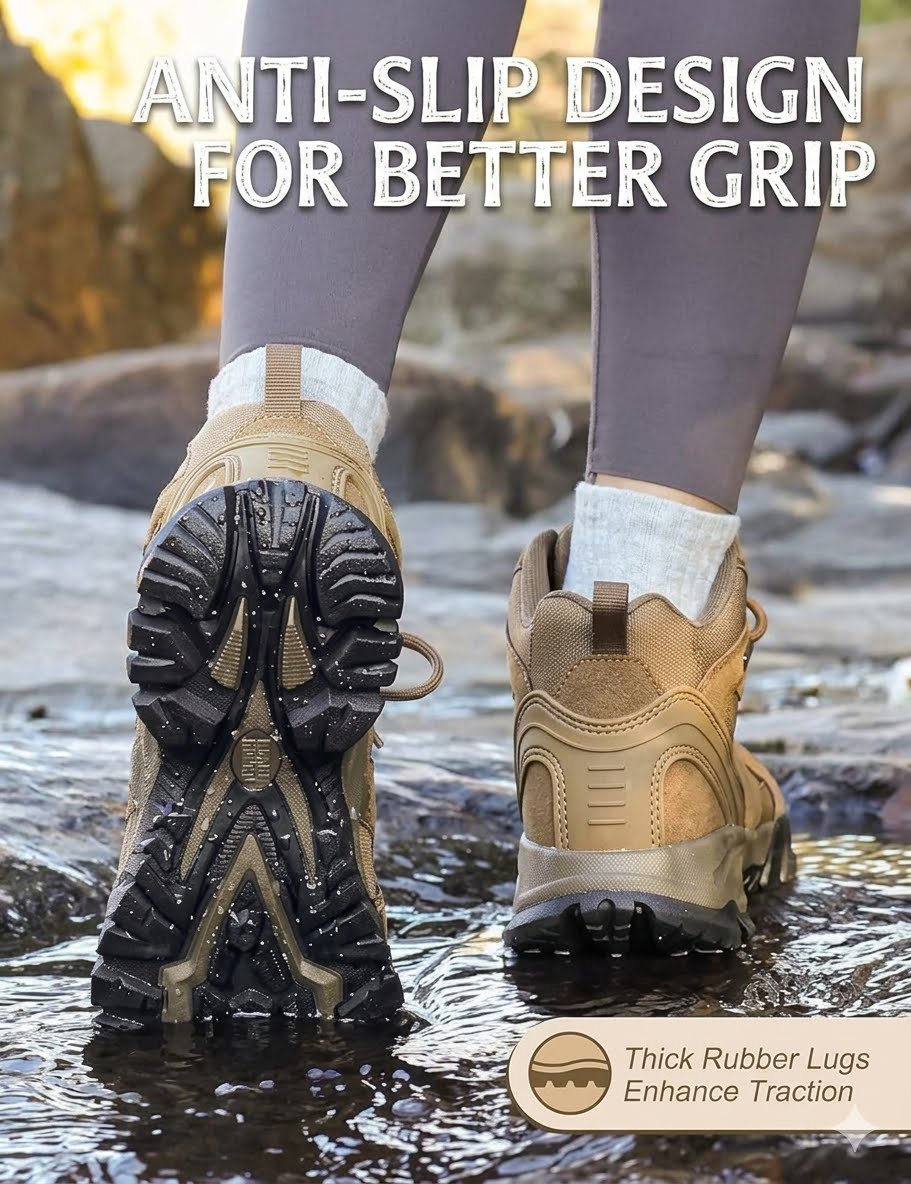 A pair of tan and black outdoor hiking boots with thick lugged soles, shown being worn in shallow water. Large text at the top reads 'ANTI-SLIP DESIGN FOR BETTER GRIP', and a badge at the bottom says 'Thick Rubber Lugs Enhance Traction'.