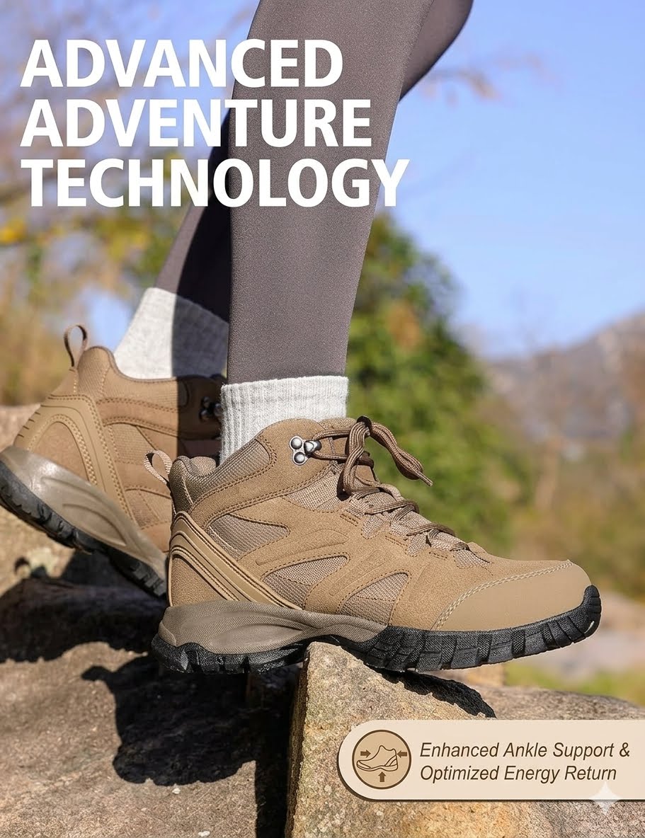 A person wearing tan and brown hiking boots with gray socks, standing outdoors on a rock with trees and blue sky in the background. Large white text reads 'ADVANCED ADVENTURE TECHNOLOGY' and a badge at the bottom says 'Enhanced Ankle Support & Optimized Energy Return.