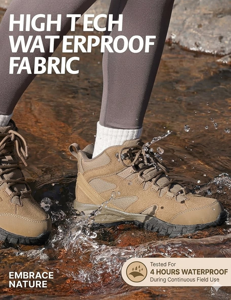 A person wearing tan waterproof hiking boots standing in shallow water, with large text reading 'HIGH TECH WATERPROOF FABRIC' and a badge that says 'Tested For 4 HOURS WATERPROOF During Continuous Field Uses.'.